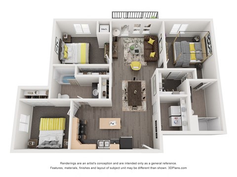 Floor plan for 3 beds, 2 baths, 1036 sqft